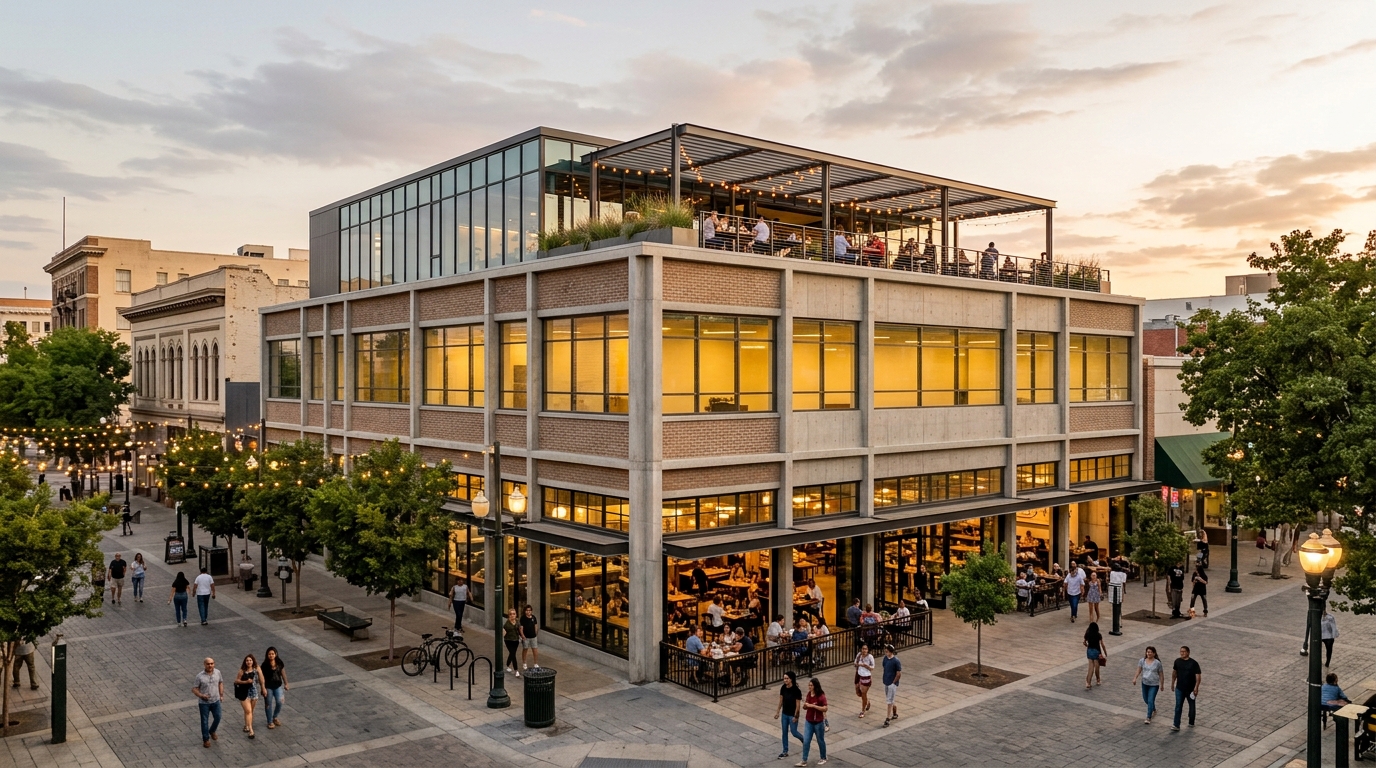 Adaptive reuse concept for the historic Berkeley Building on Fulton Street Fresno