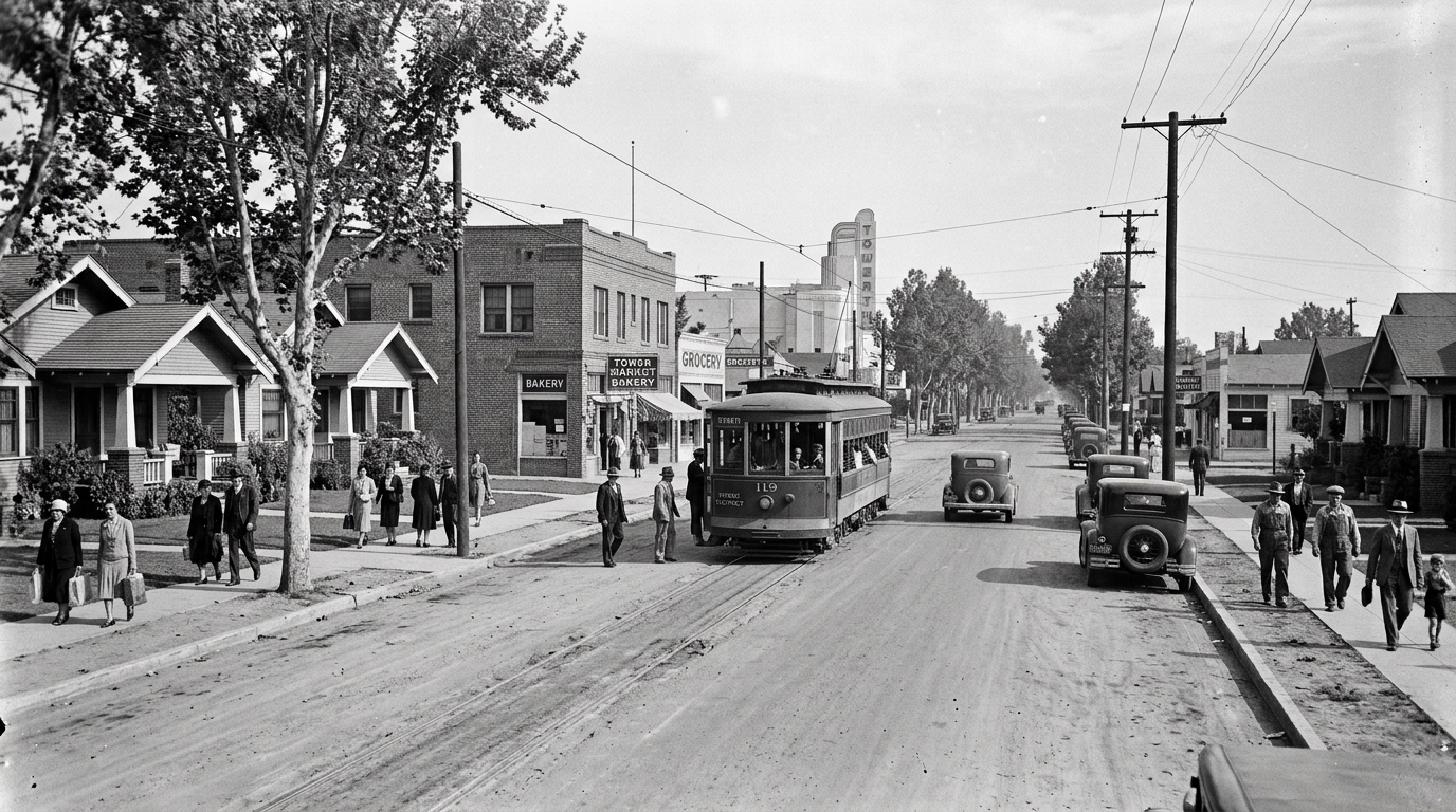 Early Tower District streetcar neighborhood in Fresno during the 1920s