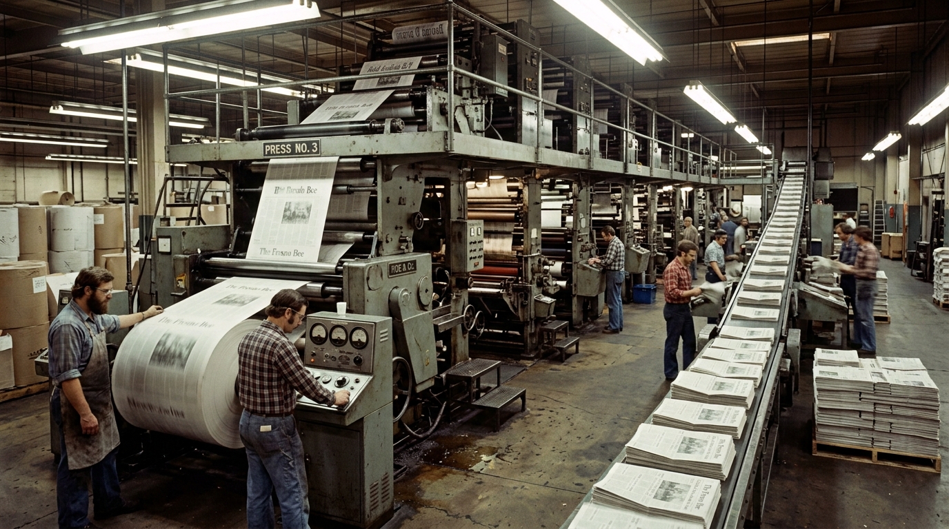 Fresno Bee newspaper printing operation during the 1970s