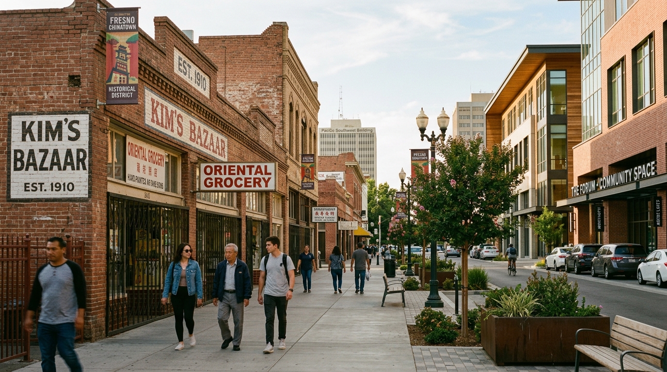 Fresno Chinatown historic buildings during modern downtown revitalization