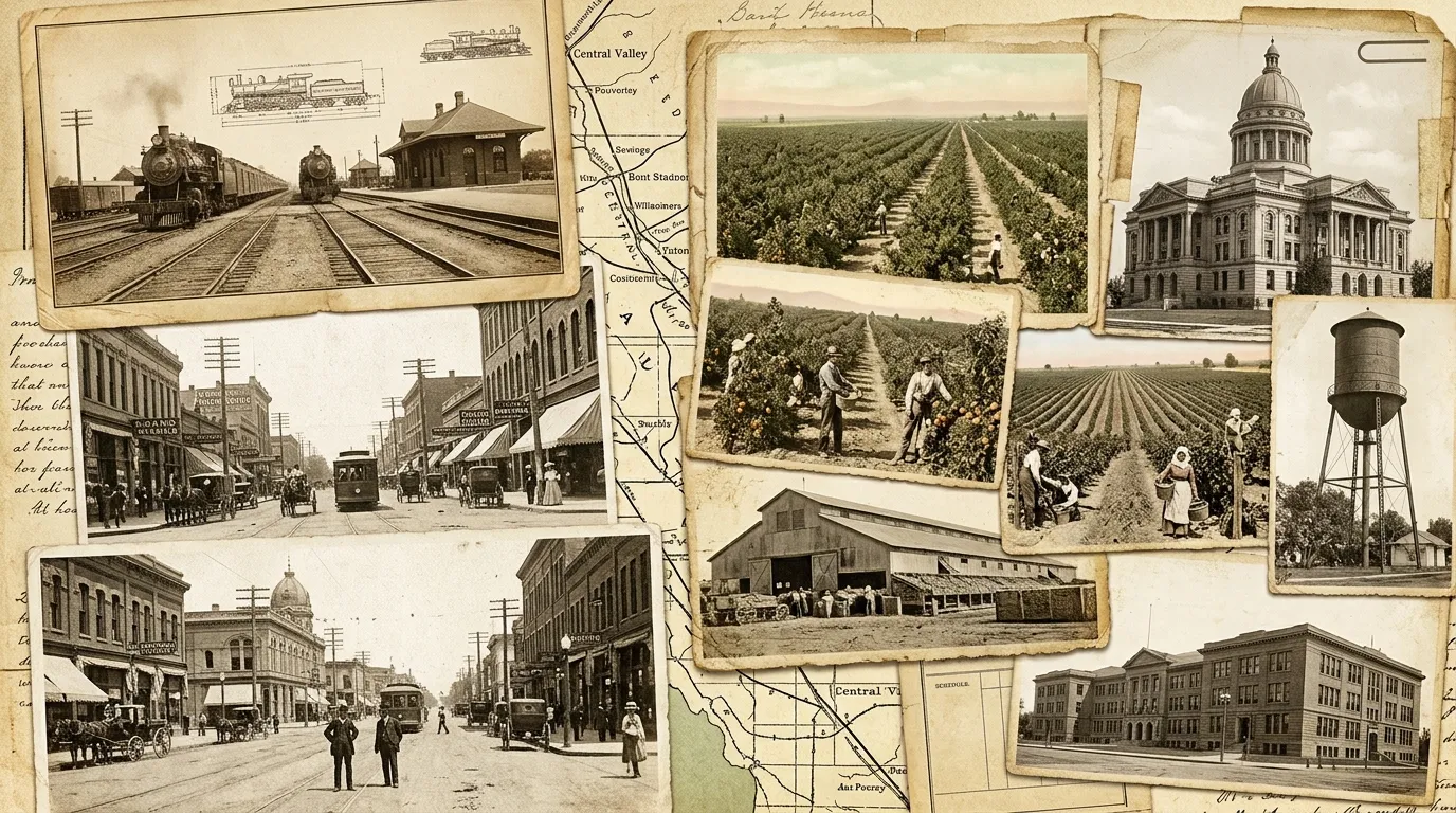 Fresno history timeline montage showing railroads, downtown, agriculture and civic development