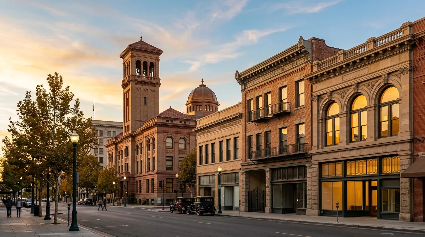 Historic Fresno landmark architecture in warm Central Valley light