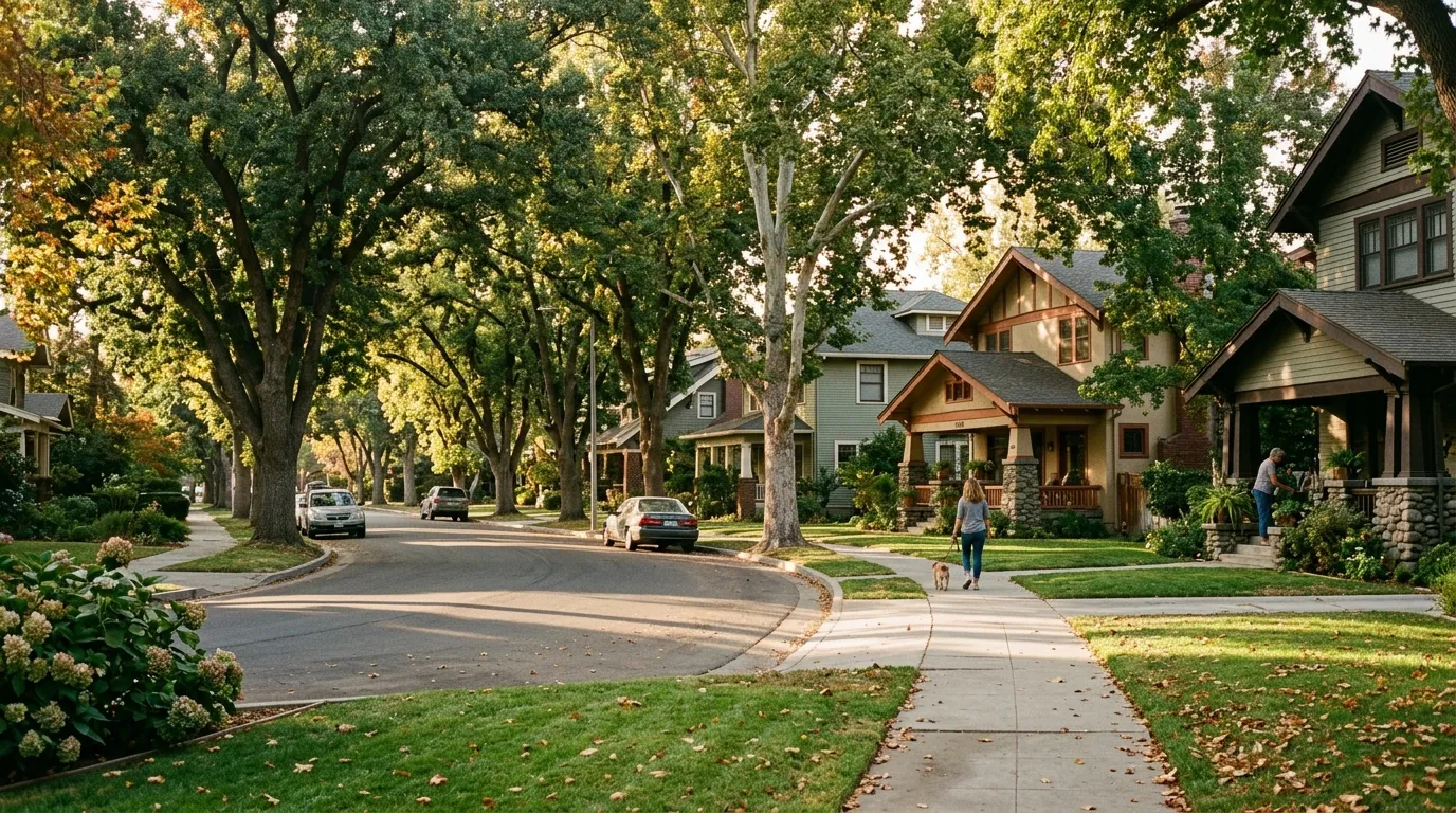 Historic Fresno neighborhood with mature trees and period homes