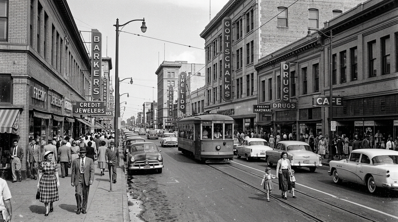 Historic Fulton Street in Downtown Fresno during the mid twentieth century