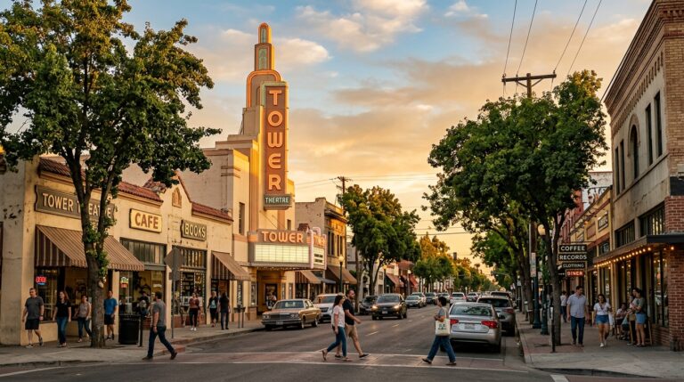 Historic architecture and streetscape in Fresno California Tower District