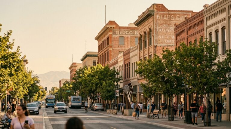 Historic buildings along Downtown Fresno during modern revitalization