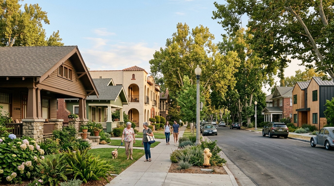 Historic bungalow homes and neighborhood character in Fresno Tower District