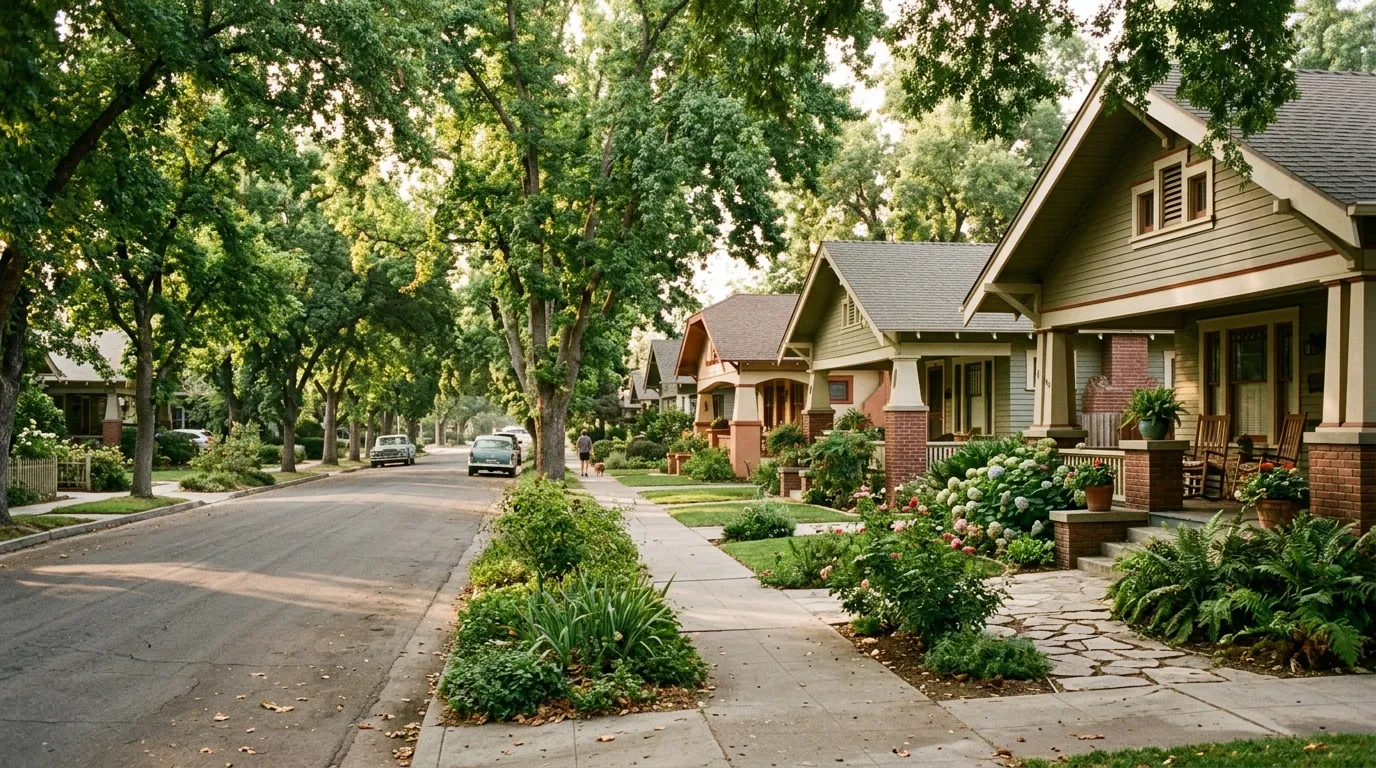 Historic residential street in Fresno California showing neighborhood architecture
